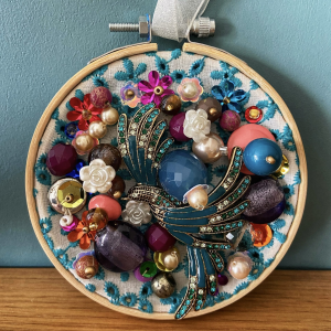 3d bead embroidery hoop workshop using vintage and preloved beads and fabrics.