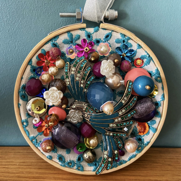 3d bead embroidery hoop workshop using vintage and preloved beads and fabrics.