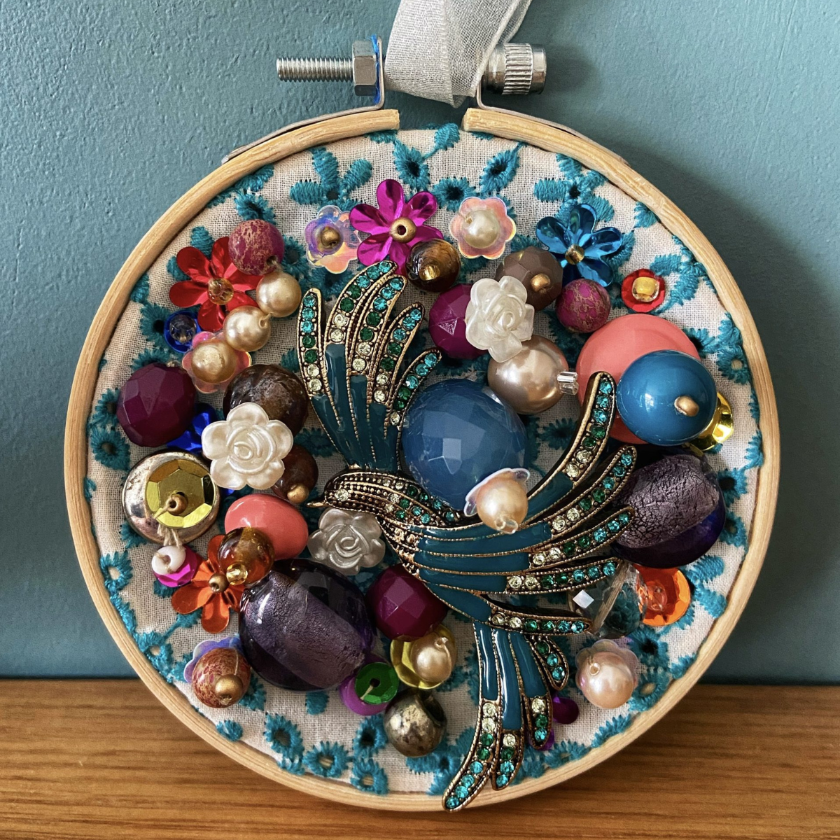 Beautiful bead embroidery workshop using preloved and vintage beads.
