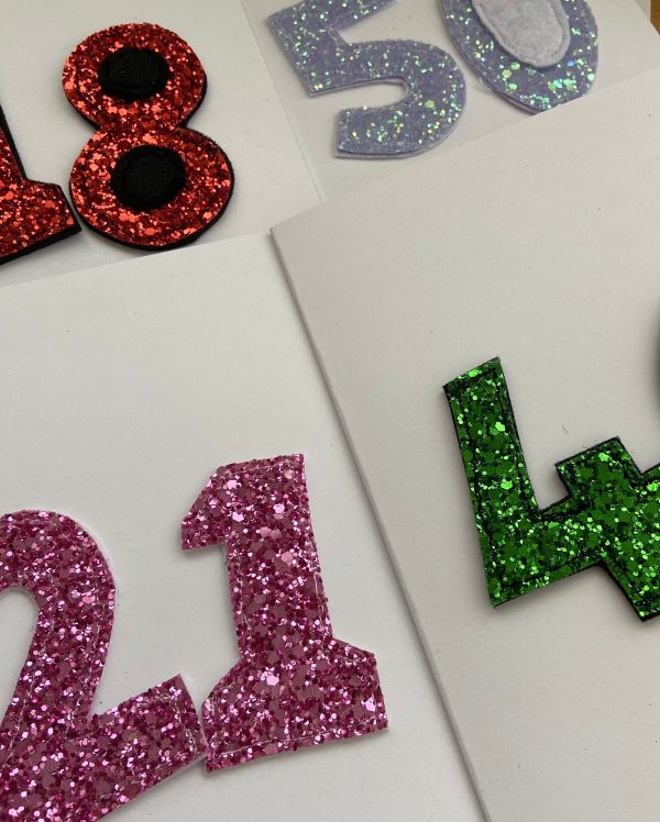 Sweet age cards made from chunky, glitter felt available in ten different colours. You can have any age made for your card.